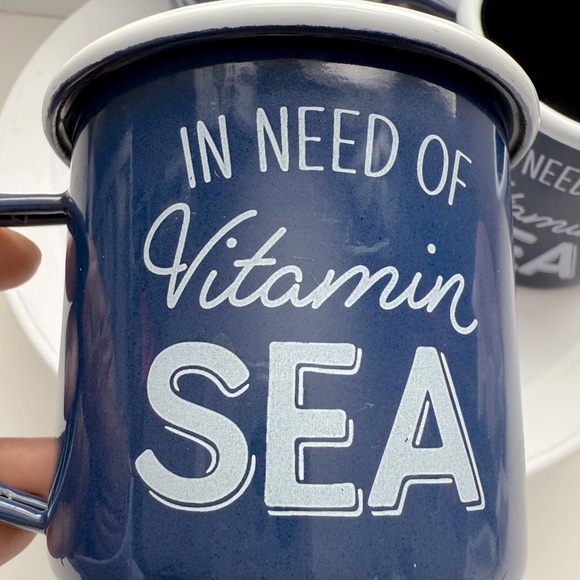 Navy Blue Enamel Mugs Set - "In Need of Vitamin Sea" - Picture 6 of 8